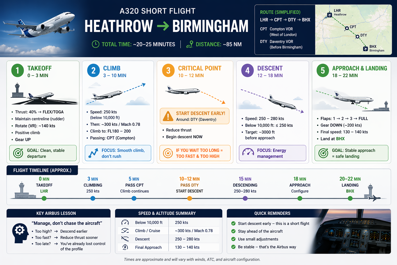 A320 short flight Heathrow to Birmingham route card